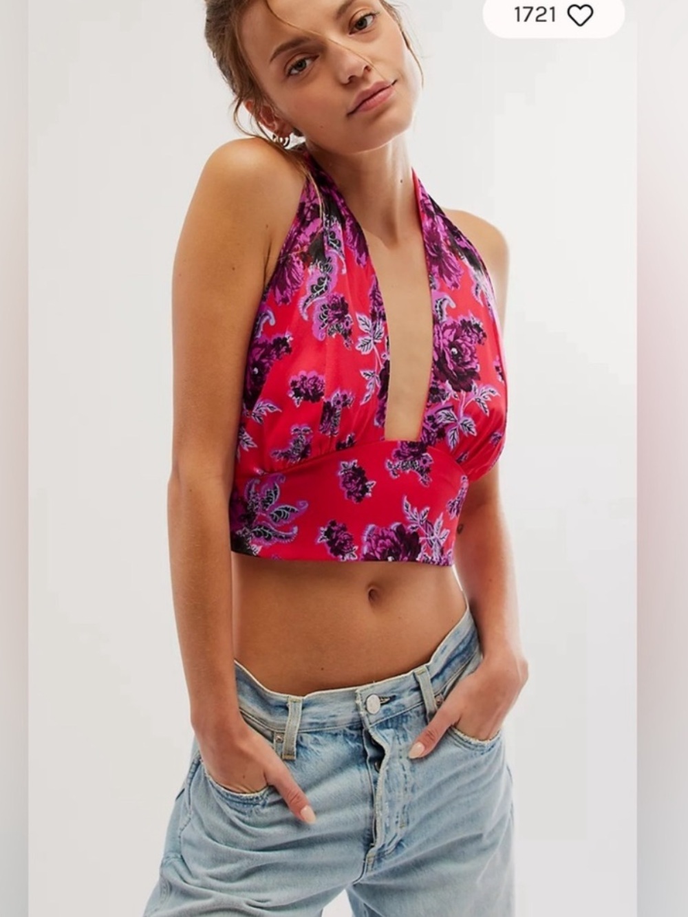 Free People Summer in Sicily Women’s Top XS Halter Crop Floral Satin Tie Y